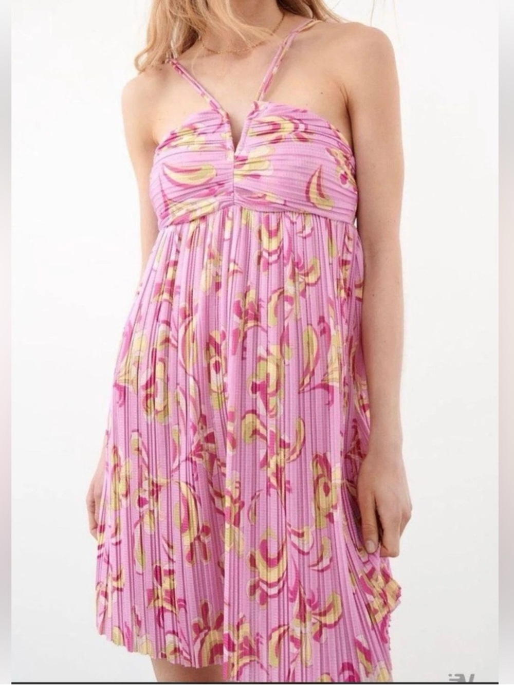 Zara pleated V neck mini dress